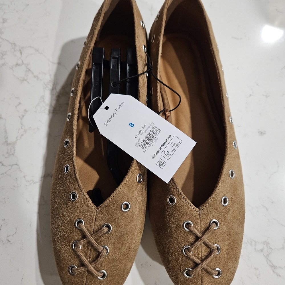 Time and Tru Women's Brown Suede Lace-Up Eyelet Ballet Flats Memory Foam 8